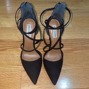 Black suede closed toe strappy heel